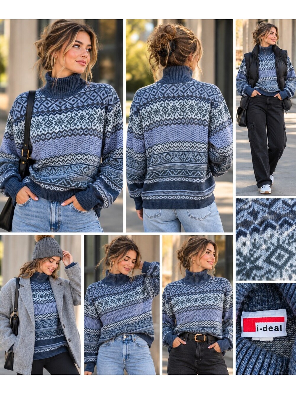 i-deal Nordic Fair Isle Turtleneck Sweater Grey Blue Unisex Retro Winter Knit